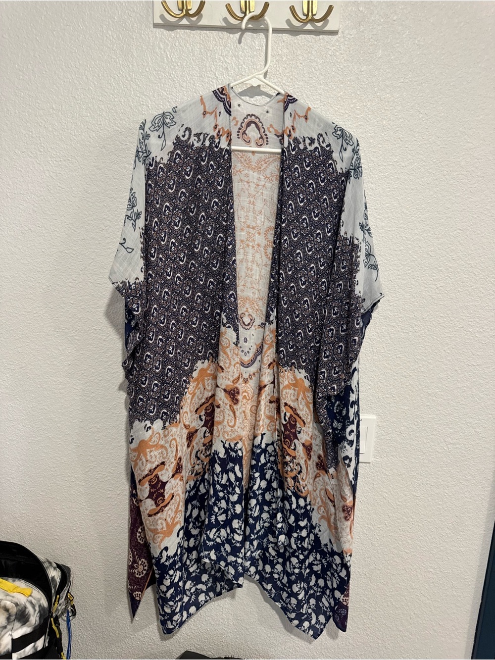Boho Patterned Kimono Cardigan in Navy, White & Rust